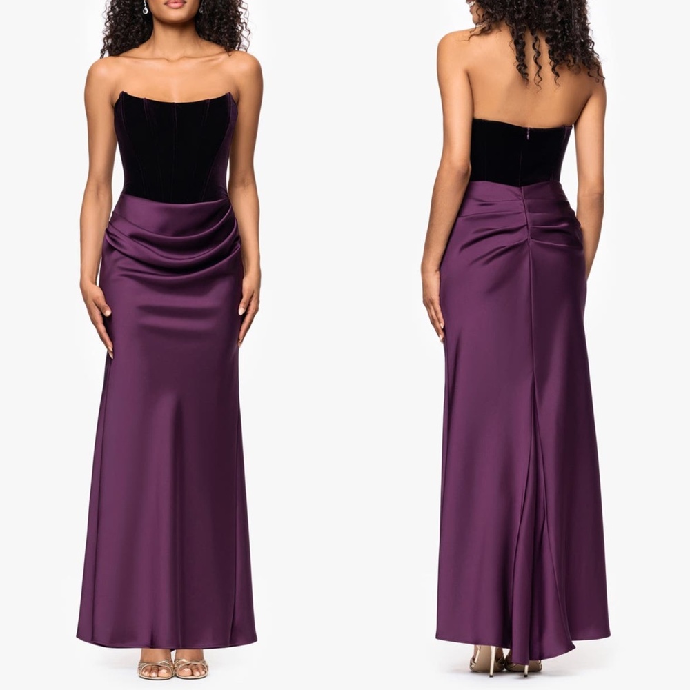 NEW Betsy & Adam PLUM Strapless CORSET Bustier VELVET  & SATIN Draped GOWN 4 - Picture 13 of 13